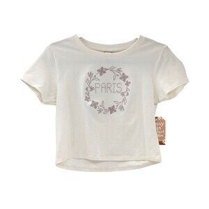Messy Bun Just Chillin White Pink Paris Embroidered Crop Graphic Tee Jrs Size L